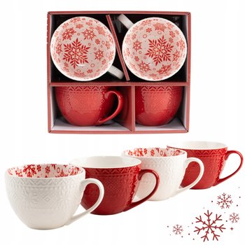 ŚWIĄTECZNY ZESTAW PREZENTOWY KUBKI PORCELANOWE DUŻE CZERWONE BIAŁE 4X530ML - inna (Inny)