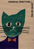 ŚWIATOWY DZIEŃ KOTA, WORLD CAT DAY, autorski plakat, grafika, obrazek, polish poster, do domu na ścianę do pokoju dla dzieci do biura do ramki, zielony kot, B1 68x98 cm