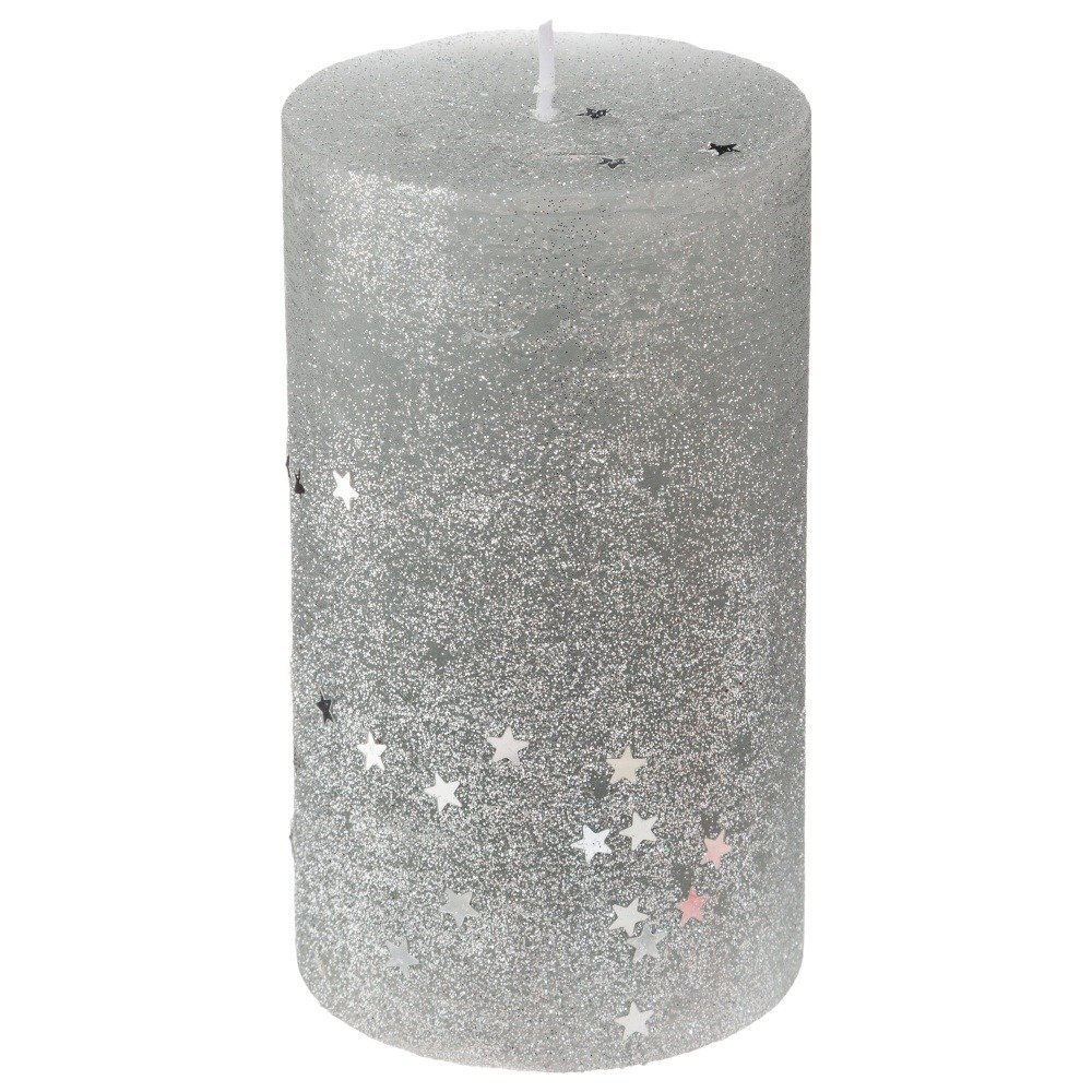 Świeca okrągła w gwiazdki FÉÉRIC LIGHTS AND CHRISTMAS, srebrna, rozmiar L, 12 cm
