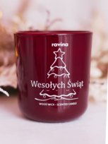 Świeca świąteczna WESOŁYCH ŚWIĄT świeczka zapachowa sojowa CHRISTMAS bordowe szkło z drewnianym knotem na prezent
