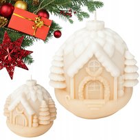 Świeca świąteczna zimowy domek dekoracyjna beżowa efekt śniegu PREZENT