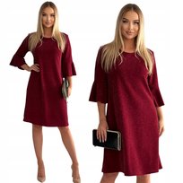 Świecąca Bordowa Sukienka Falbanki Midi Brokat Sylwester Glam Rozmiar 46