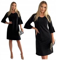 Świecąca Czarna Sukienka Falbanki Midi Brokat Sylwester Glam Rozmiar 44