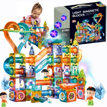 Świecące Klocki Magnetyczne, Świecący tor kulkowy, magnetycze klocki konstrukcyjne,   kulodrom, duże panele,  zestaw XXL + figurki,  202 elemnty - Doris