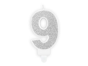 Świeczka urodzinowa, Cyferka 9, srebrna, 7 cm - PartyDeco