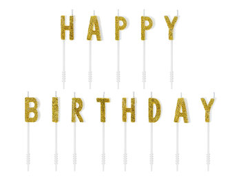 Świeczki urodzinowe, Happy Birthday, złote, 2,5 cm, 13 sztuk - PartyDeco