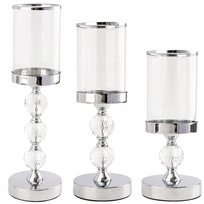 Świeczniki Lampiony Glamour Metal Szkło Kryształowe Komplet Chromowy 3 Szt