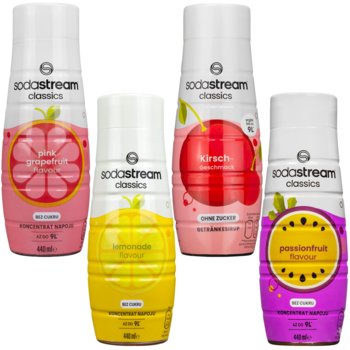 Syrop do napojów SODASTREAM 4x440ml, 4 szt. - Pink Grejpfruit Zero Lemon Zero Wiśnia Bez Cukru Passionfruit Zero koncentrat napoju bez cukru saturator gazowana woda - SodaStream
