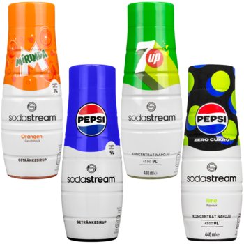Syrop do napojów SODASTREAM zestaw, 4 szt. - Pepsi Mirinda 7up Pepsi Max Lime koncentrat do saturatora gazowana woda smakowa - SodaStream