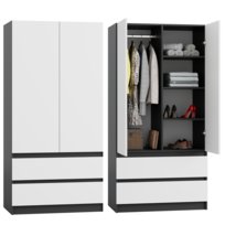 SZAFA ANTRACYT BIAŁA GARDEROBA DUŻA NA UBRANIA OTWIERANA SZUFLADY NOWOCZESNA 90cm