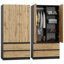 SZAFA ANTRACYT DĄB WOTAN GARDEROBA DUŻA NA UBRANIA OTWIERANA SZUFLADY NOWOCZESNA 90cm