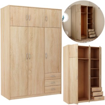 Szafa duża dąb sonoma SZ03 193x127x55 cm, nowoczesna i pojemna, 6-drzwiowa z 5 półkami, 3 szufladami i drążkiem na ubrania, laminowana, matowa, do sypialni, salonu i garderoby - Meblowy Top