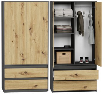 Szafa Garderoba 90Cm 2Drzwi 2Szuflad Antracyt Mix Artisan B-9Tip - Mobene