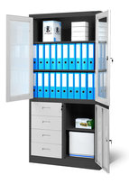 Szafa Metalowa JAN NOWAK Model WIOLA 900x1850x400 Biurowa Przeszklona Szafa Metalowa Na Akta z Szufladami Antracytowo-Biała Loftowa Medyczna Do Gabinetu Aktowa Do Biura Loft Apteczna