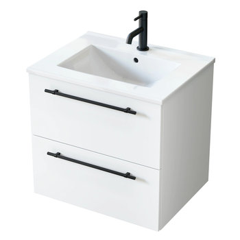 Szafka Łazienkowa Nava Z Umywalką Ceramiczną 60 Cm, Szuflady, Wisząca, Biały Mat, Uchwyt Czarny Mat - Uptrend