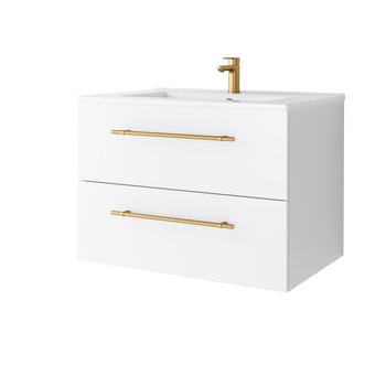 Szafka Łazienkowa Nava Z Umywalką Ceramiczną 70 Cm, Szuflady, Wisząca, Biały Mat, Uchwyt Złoty - Uptrend