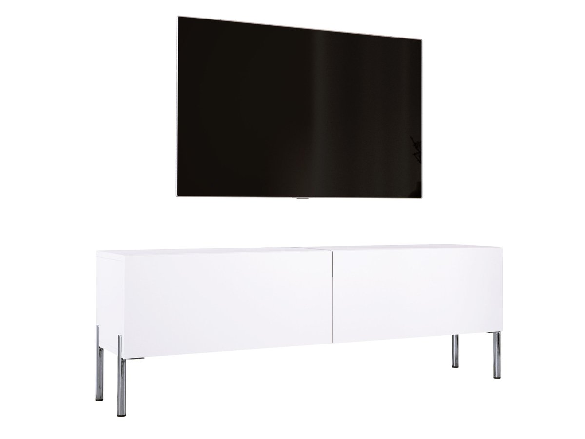 Szafka Pod Telewizor O Szerokości 140 Cm W Kolorze Biały Mat Z Prostymi Nóżkami W Kolorze Chromowanym