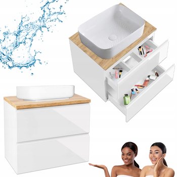 Szafka Wisząca Mod Biała z Blatem Dąb Złoty 60 Połysk + Umywalka Nablatowa - Deftrans / Defra