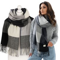 Szalik damski duży ciepły długi szal stylowy modny premium zimowy w kratkę Rovicky szary czarny