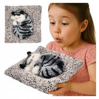 SZARY KOTEK śpiący na KOCYKU REALISTYCZNY maskotka JAK ŻYWY DŹWIĘK figurka