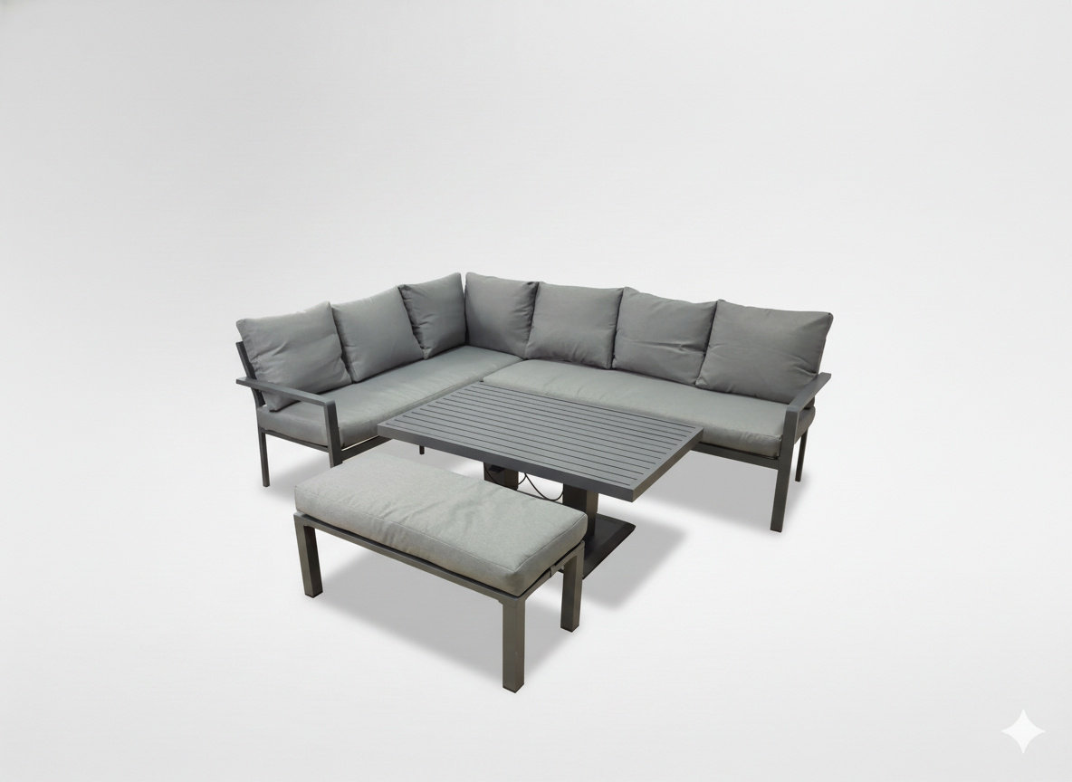 Szary Narożny Zestaw Komplet Mebli Aluminiowych Sofa Pufa Stolik Regulacja