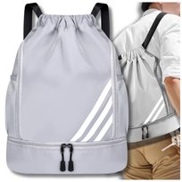 Szary plecak sportowy na trening gimnastykę ze ściągaczem