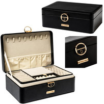 Szkatułka na biżuterię elegancka czarna na kluczyk PETERSON poduszki na zegarki wieszaki na łańcuszki bransoletki uchwyty na kolczyki miejsce na pierścionki pojemna na prezent