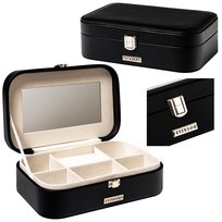 Szkatułka na biżuterię z lusterkiem czarna ze skóry ekologicznej pierścionki bransoletki kolczyki eleganci prezent PETERSON