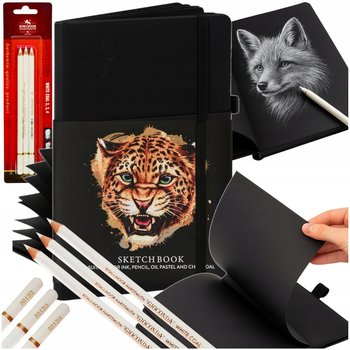 Szkicownik A5 Czarne Kartki + Węglowe Ołówki Białe Zestaw Artystyczny Prezent - DLP Industry B.V.