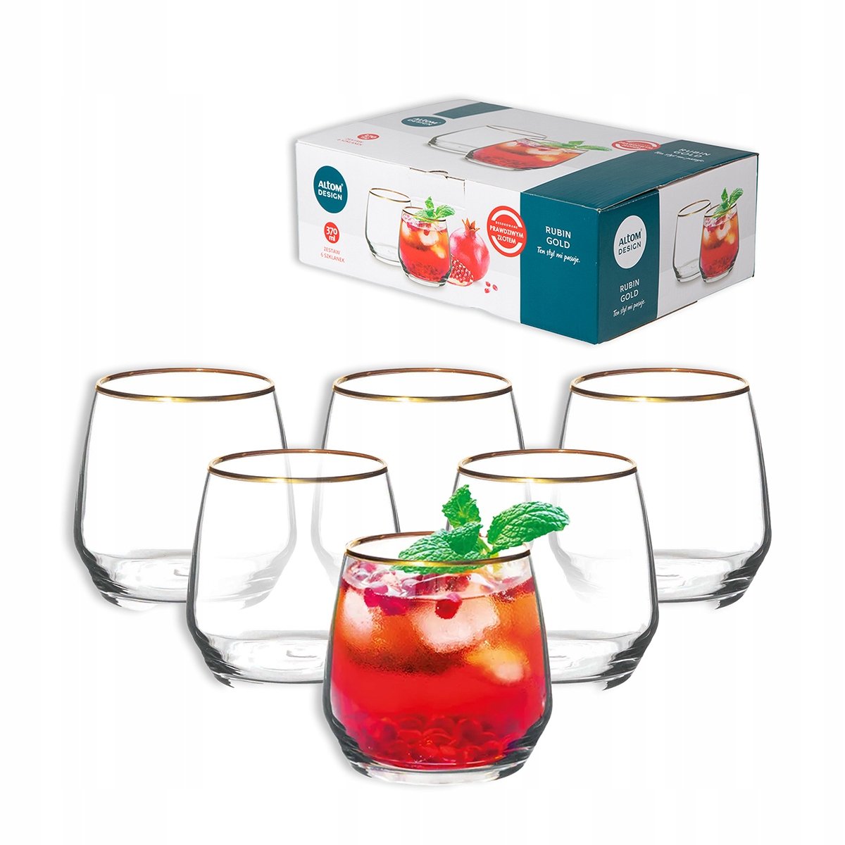 Szklanki do drinków napojów wody Altom Design Rubin Gold 370 ml