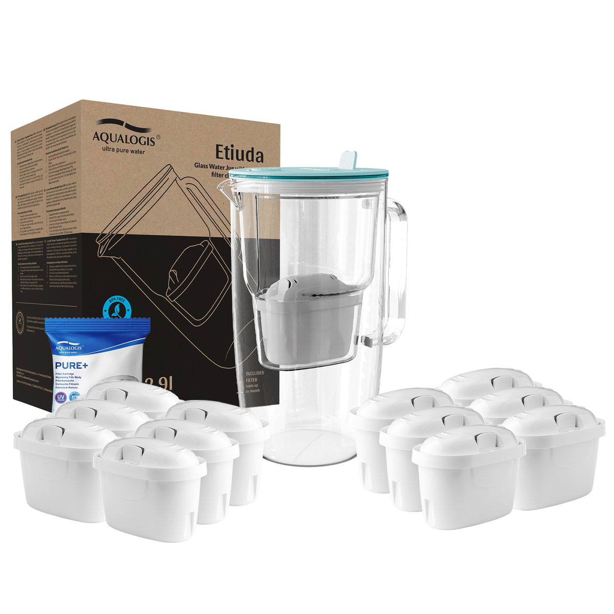 Szklany dzbanek filtrujący Etiuda Niebieski + 12 wkładów Pure+ ...