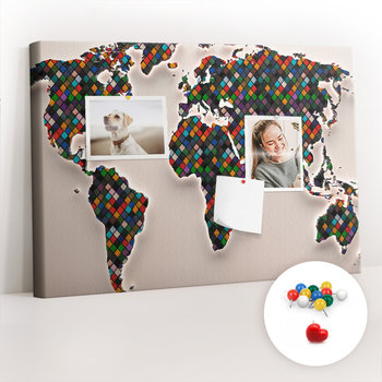 Szkolna Tablica korkowa 60x40 cm, Kolorowe Pinezki, wzór Abstrakcja mapa świata - Coloray