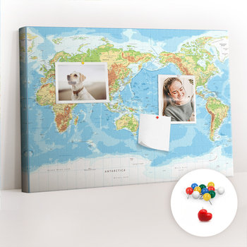 Szkolna Tablica korkowa 60x40 cm, Kolorowe Pinezki, wzór Fizyczna mapa świata - Coloray
