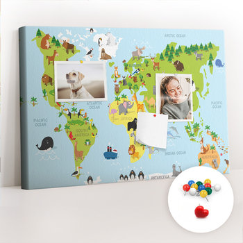 Szkolna Tablica korkowa 60x40 cm, Kolorowe Pinezki, wzór Mapa świata ze zwierzętami - Coloray
