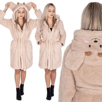 Szlafrok Damski Z Kapturem I Paskiem Rozm. L/Xl Polarowy Beżowy, Miś
