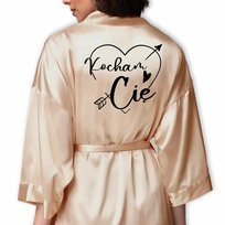 SZLAFROK SATYNOWY Damski ZŁOTY Na Prezent Walentynki KOCHAM CIĘ Wzory