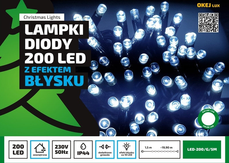 Sznur świetlny MULTIMIX, 20 m 200 LED z efektem FLASH, OLED-200/G/5M/M, barwa wielokolorowa