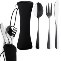 Sztućce Turystyczne Podróżne Nóż Widelec Łyżka Stalowe W Etui Zestaw 4W1 Czarny