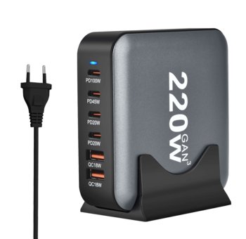SZYBKA ŁADOWARKA GaN 220W PD 4x USB C 2x QC 3.0 DO LAPTOPA IPHONE 100W MAC - Reagle