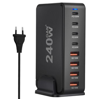 SZYBKA ŁADOWARKA GaN 240W PD 4x USB C 4x QC 3.0 DO LAPTOPA IPHONE 100W MAC - Reagle