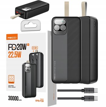 SZYBKI POWERBANK 30000MAH 22,5W 3A PD Z WBUDOWANYMI KABLAMI Z EKRANEM RECCI - Recci