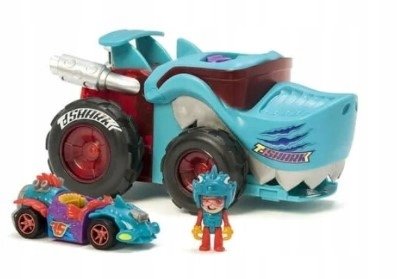 T-Racers Mega Wheels T-Shark – Lanceur De Véhicule Avec Roues Puissantes – 1 Pilote Exclusif Velocifish + 1 Véhicule Exclusif – Compatible Autres Voitures – Dès 4 Ans
