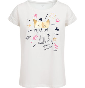 T-shirt Bluzka Damski bawełniany kremowa 36 S  z kotem Endo - Endo