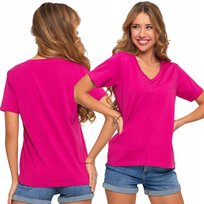 T-Shirt Damski Koszulka Na Krótki Rękaw Bawełna Czesana Dekolt V Moraj M Fuchsia