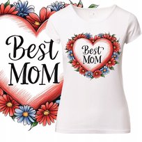 T-Shirt Damski Koszulka Nadruk Serce Kwiaty Mom Dzień Matki Prezent M