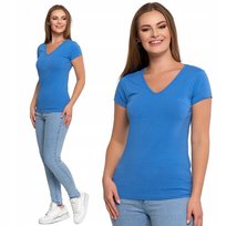 T-Shirt Damski Krótki Rękaw Bawełniany Niebieski Modny Basic Moraj 3Xl Blue