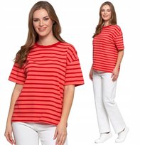 T-Shirt Damski Krótki Rękaw Bawełniany W Paski Luźny Wygodny Moraj L Red