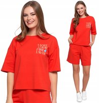 T-Shirt Damski Krótki Rękaw Bawełniany Z Napisami Oversize Luźny Moraj M Red