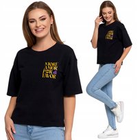 T-Shirt Damski Krótki Rękaw Bawełniany Z Napisami Oversize Luźny Moraj Xl Black