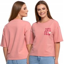 T-Shirt Damski Krótki Rękaw Bawełniany Z Napisami Oversize Luźny Moraj Xl Pink